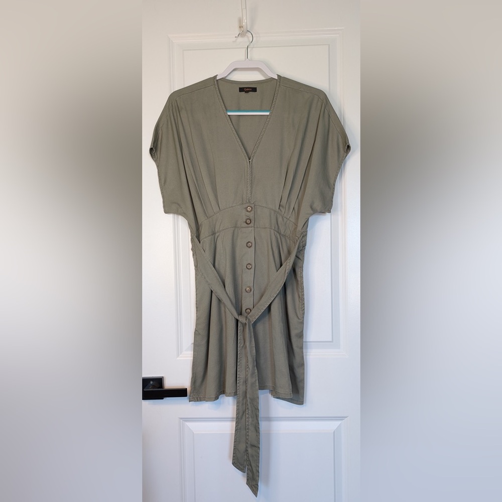 Quince Olive Green V-Neck Button Front Belted Dress